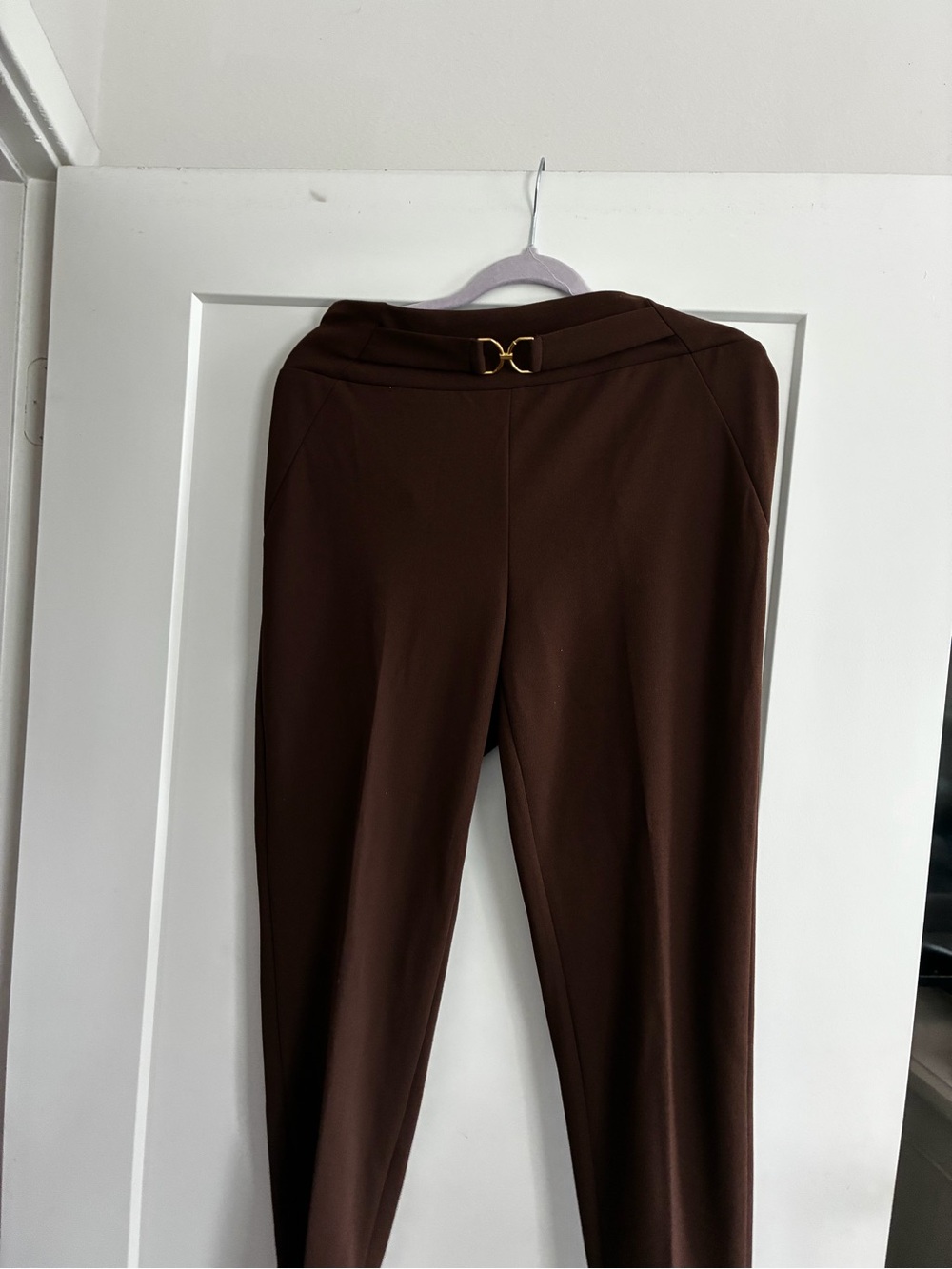 Soho Apparel Brown Ponte Slim Pull-On Pants with Gold Buckle